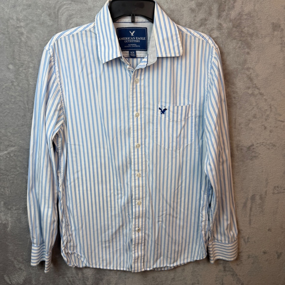 American Eagle Button Down Shirt Men Medium Blue White Striped Preppy Y2K Casual